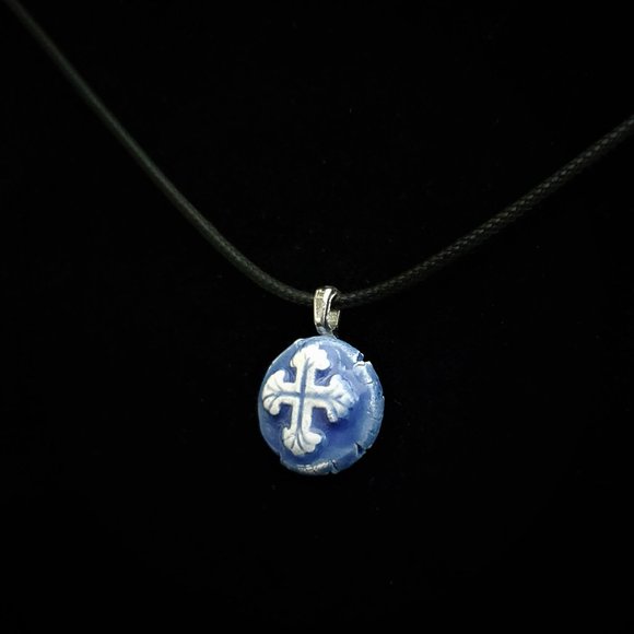 Handmade Ceramic Blue Fleur De Lis Cross Pendant Necklace - Picture 2 of 14